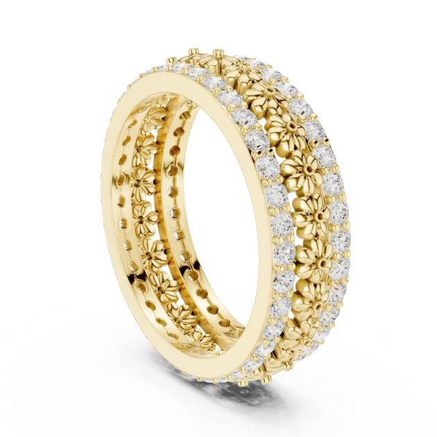 Three-quarter-view: Round Diamond Ring with Floral Setting in 14k Yellow Gold - Lab Grown - Driona Jewels