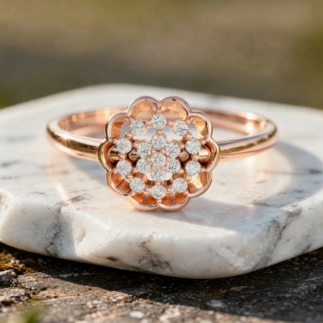 Close-up: Round Diamond Ring with Flower Setting in 14k Rose Gold - Lab Grown - Driona Jewels