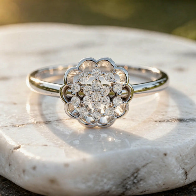 Close-up: Round Diamond Ring with Flower Setting in 14k White Gold - Lab Grown - Driona Jewels