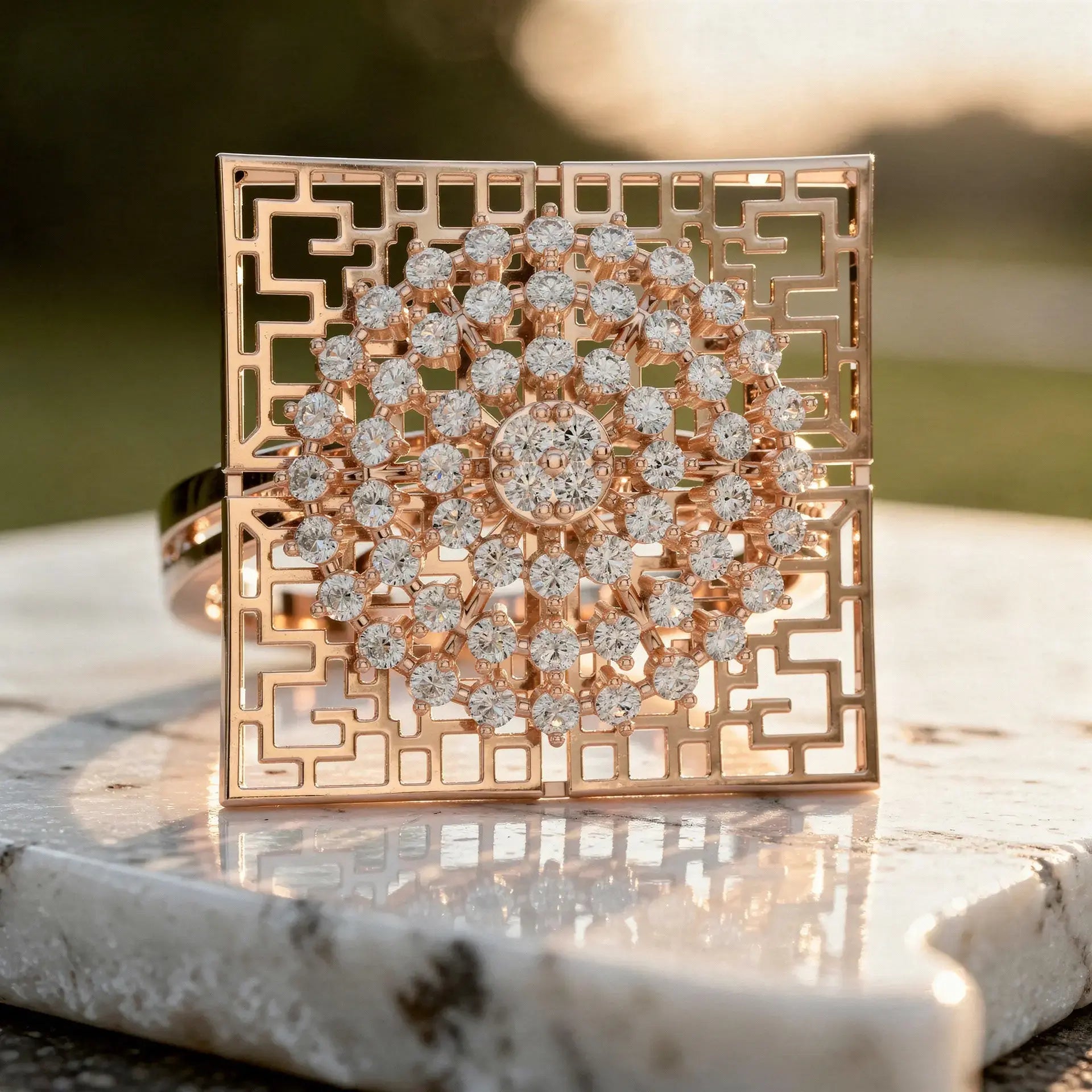 Flat Lay: Round Diamond Ring with Geometric Setting in 14k Rose Gold - Lab Grown - Driona Jewels