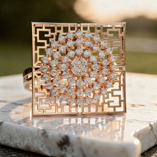 Flat Lay: Round Diamond Ring with Geometric Setting in 14k Rose Gold - Lab Grown - Driona Jewels