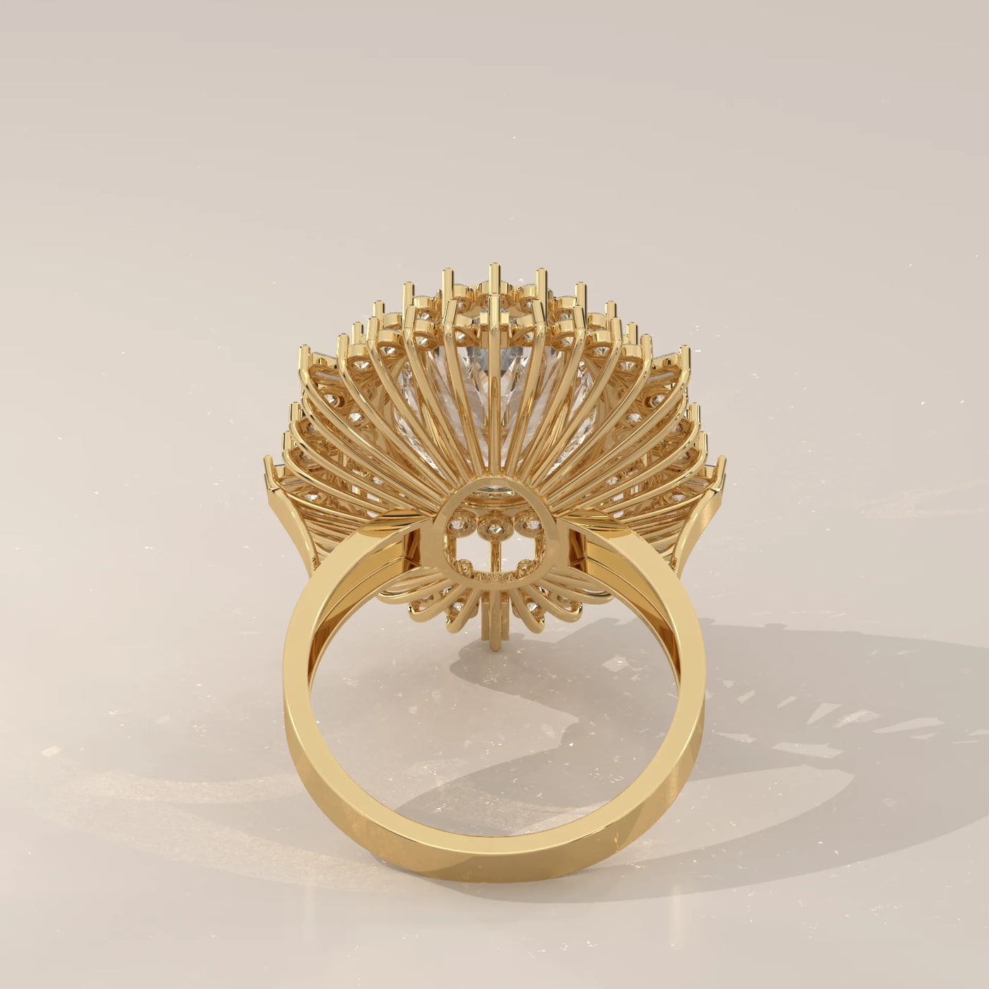 Gold ring with a large round diamond and diamond halo, viewed from the back.