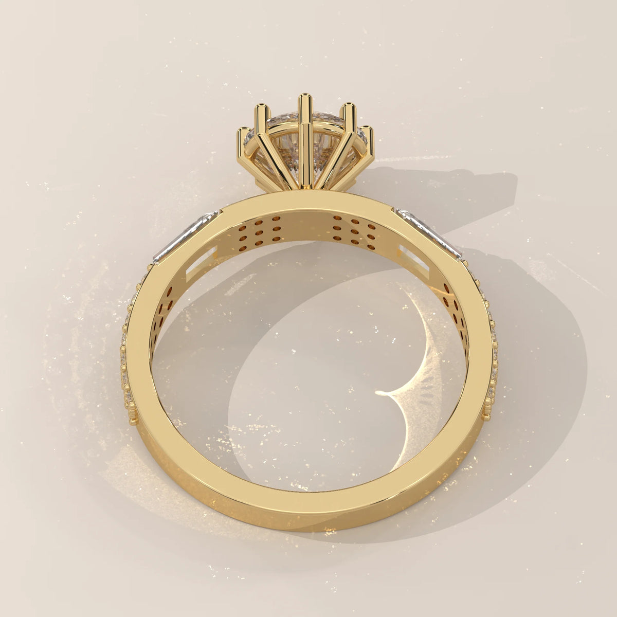 Round Lab Grown Diamond Ring with Baguette Shoulders and Double Pave in yellow gold, shown on a plain background.
