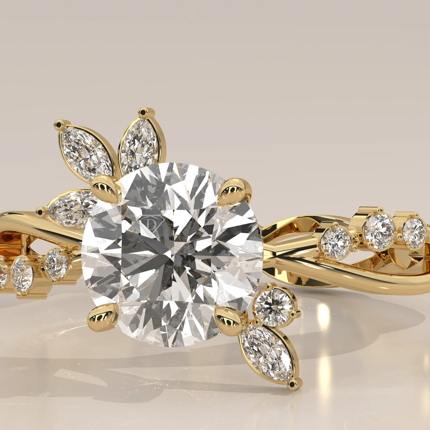 A delicate gold ring with a central round diamond and smaller marquise and round accent stones.