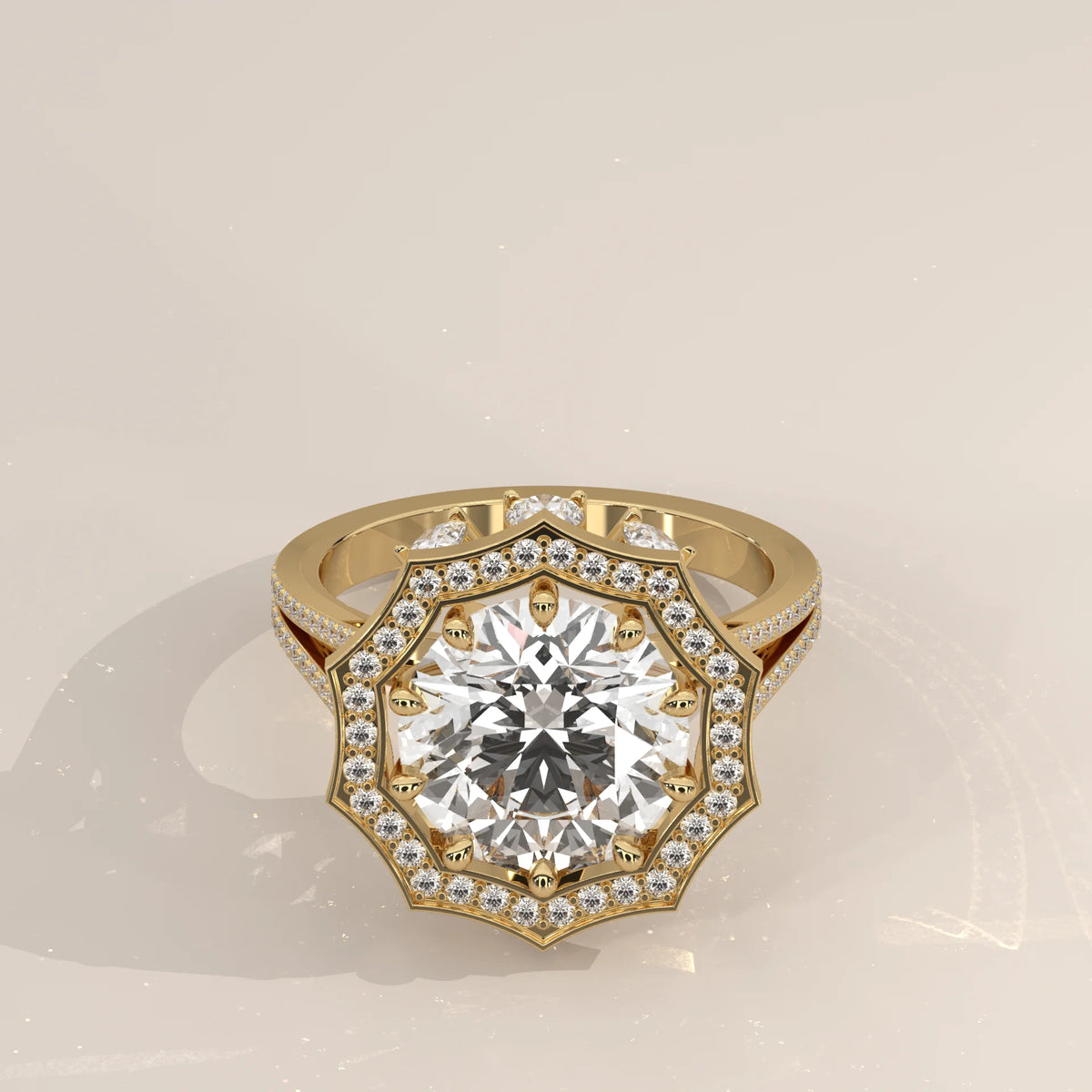 Round Lab Grown Diamond Twelve Point Halo Ring with Split Shank in yellow gold, shown from the front.