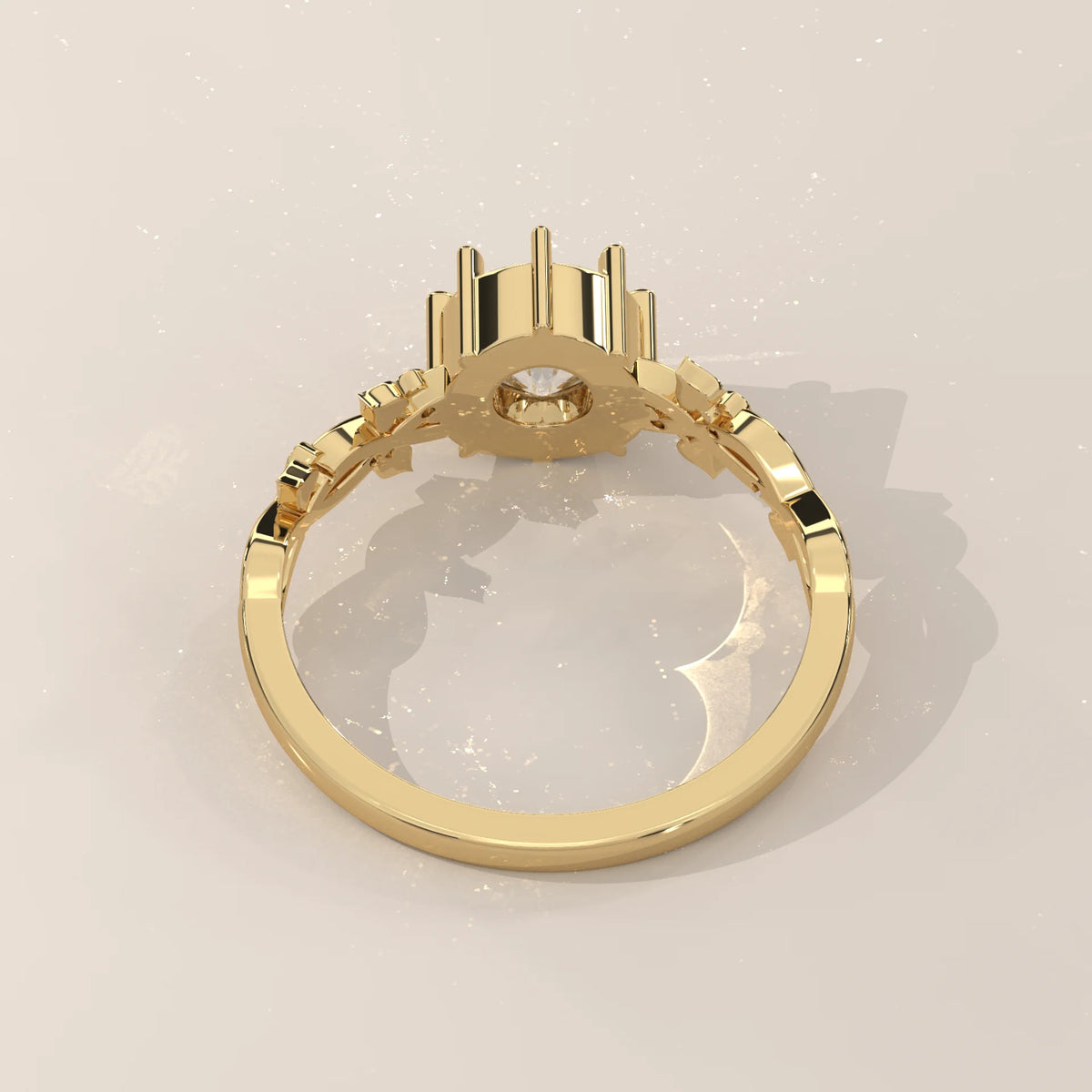 Round Lab Grown Diamond Vine Ring with Leaf Details and Accents in yellow gold, side profile view.
