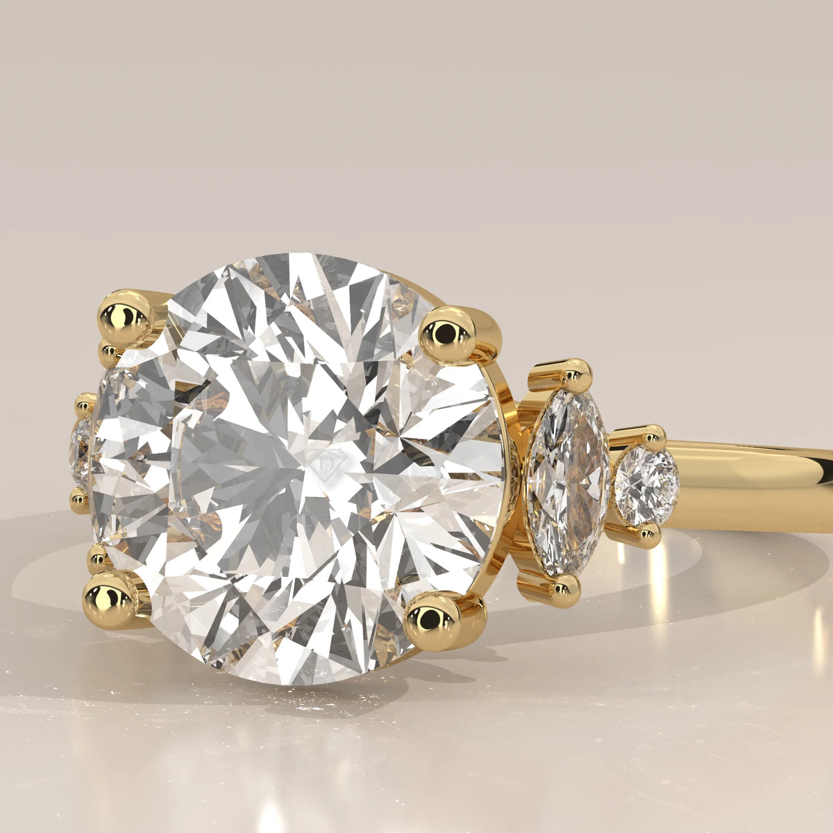 Round Lab Grown Diamond Ring with Marquise and Round Side Accents in yellow gold, side profile view.