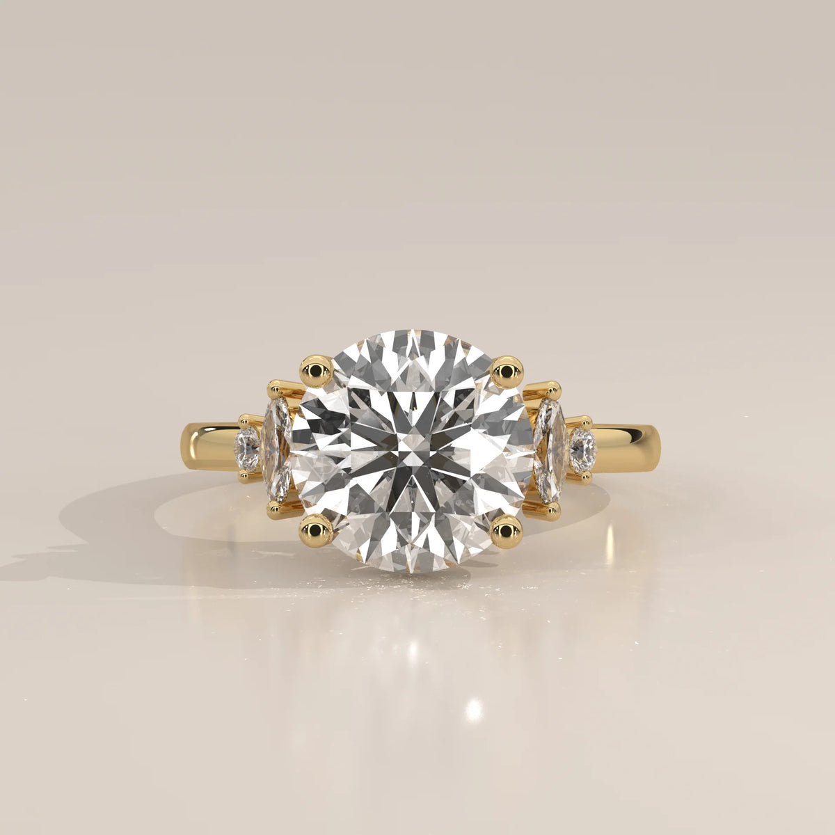 Round Lab Grown Diamond Ring with Marquise and Round Side Accents in yellow gold, photographed head-on.