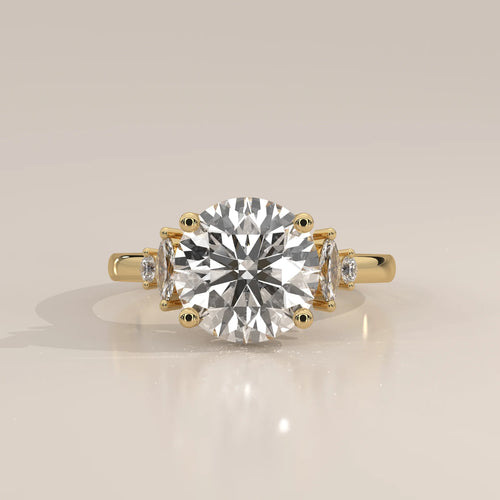 Round Lab Grown Diamond Ring with Marquise and Round Side Accents in yellow gold, photographed head-on.