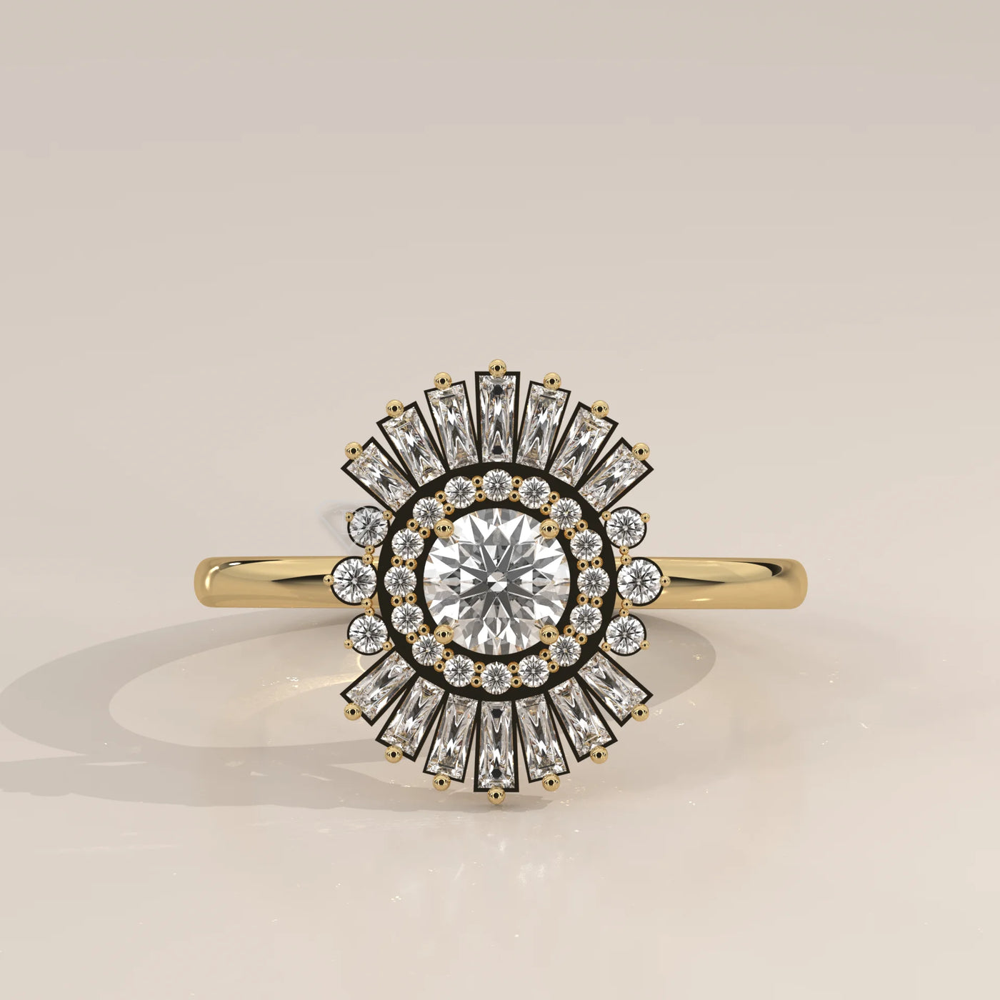 14k yellow gold halo engagement ring with a round center diamond and baguette accents.