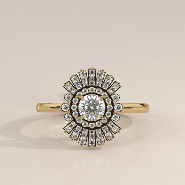 14k yellow gold halo engagement ring with a round center diamond and baguette accents.