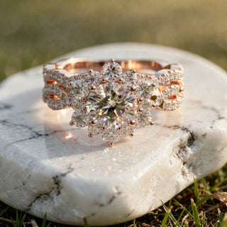 Close-up: Round Diamond Ring with Halo Setting in 14k Rose Gold - Lab Grown - Driona Jewels