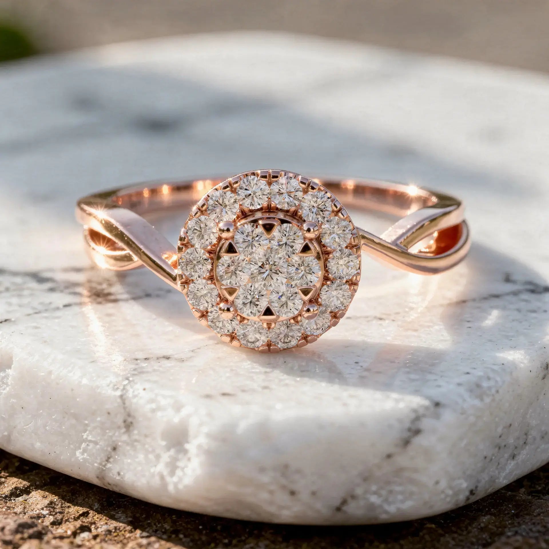 Close-up: Round Diamond Ring with Halo Setting in 14k Rose Gold - Lab Grown - Driona Jewels