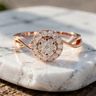 Close-up: Round Diamond Ring with Halo Setting in 14k Rose Gold - Lab Grown - Driona Jewels