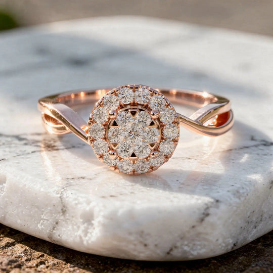 Close-up: Round Diamond Ring with Halo Setting in 14k Rose Gold - Lab Grown - Driona Jewels