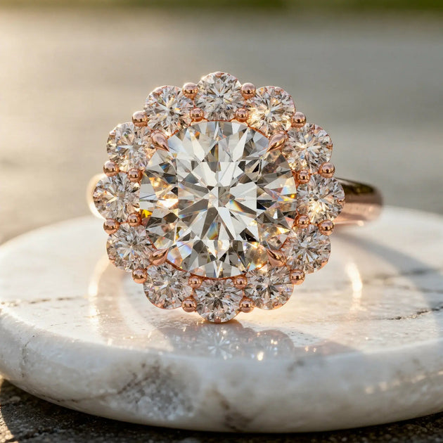 Close-up: Round Diamond Ring with Halo Setting in 14k Rose Gold - Lab Grown - Driona Jewels