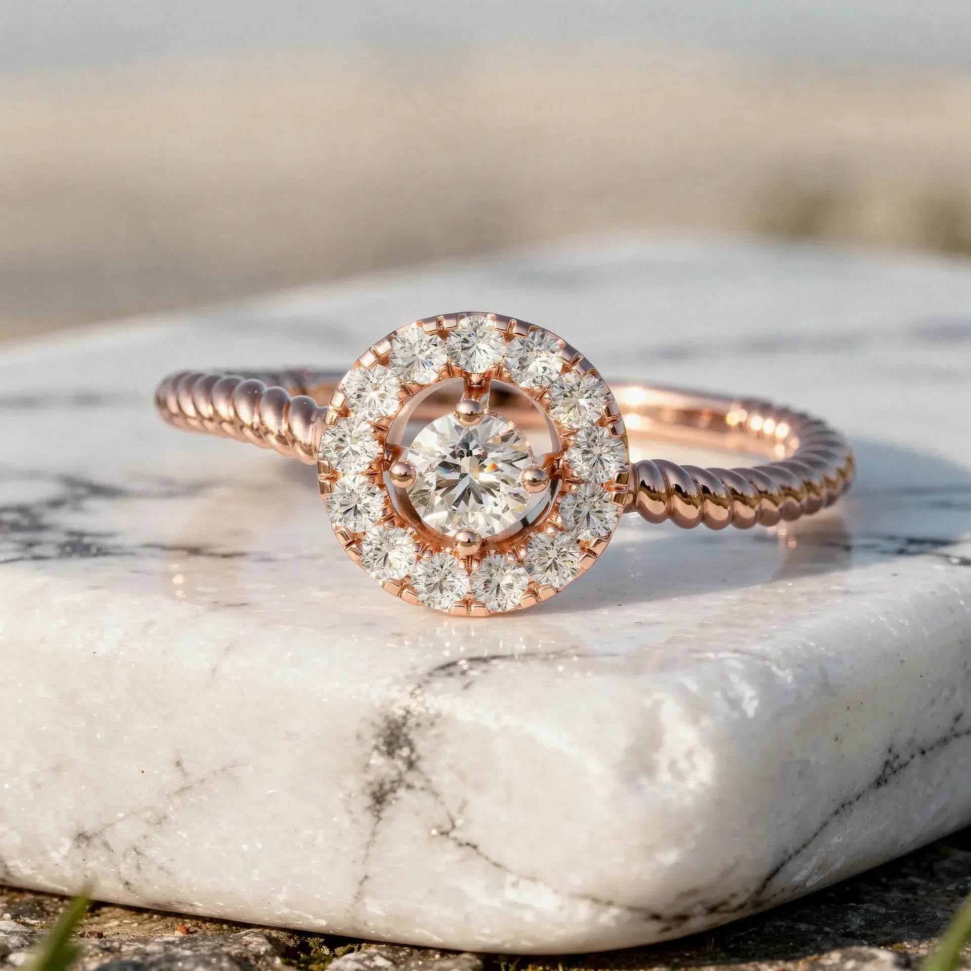 Close-up: Round Diamond Ring with Halo Setting in 14k Rose Gold - Lab Grown - Driona Jewels