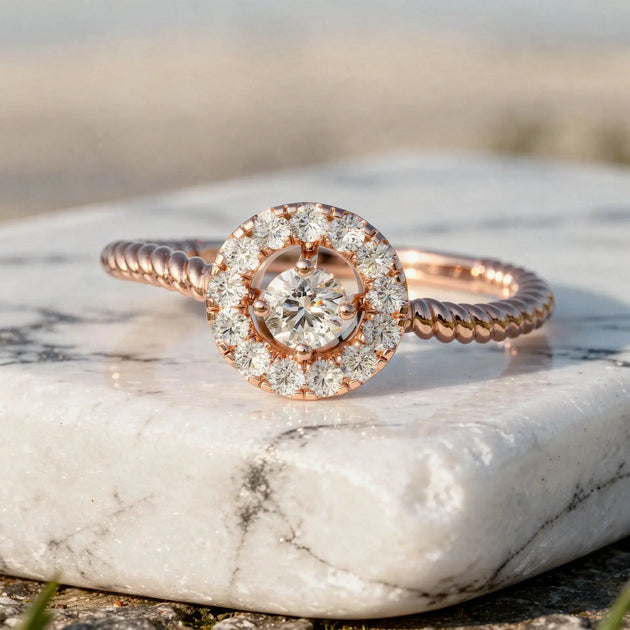 Close-up: Round Diamond Ring with Halo Setting in 14k Rose Gold - Lab Grown - Driona Jewels