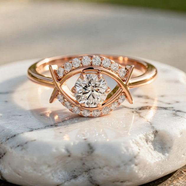 Close-up: Round Diamond Ring with Halo Setting in 14k Rose Gold - Lab Grown - Driona Jewels