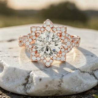 Front-view: Round Diamond Engagement Ring with Halo Setting in 14k Rose Gold - Lab Grown - Driona Jewels