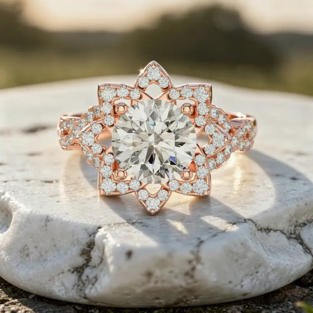 Front-view: Round Diamond Engagement Ring with Halo Setting in 14k Rose Gold - Lab Grown - Driona Jewels