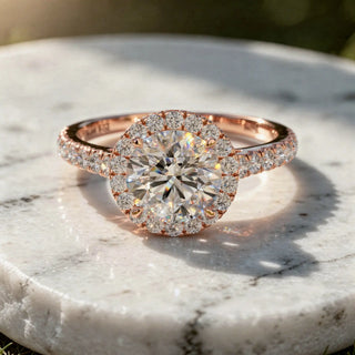 Front-view: Round Diamond Engagement Ring with Halo Setting in 14k Rose Gold - Lab Grown - Driona Jewels