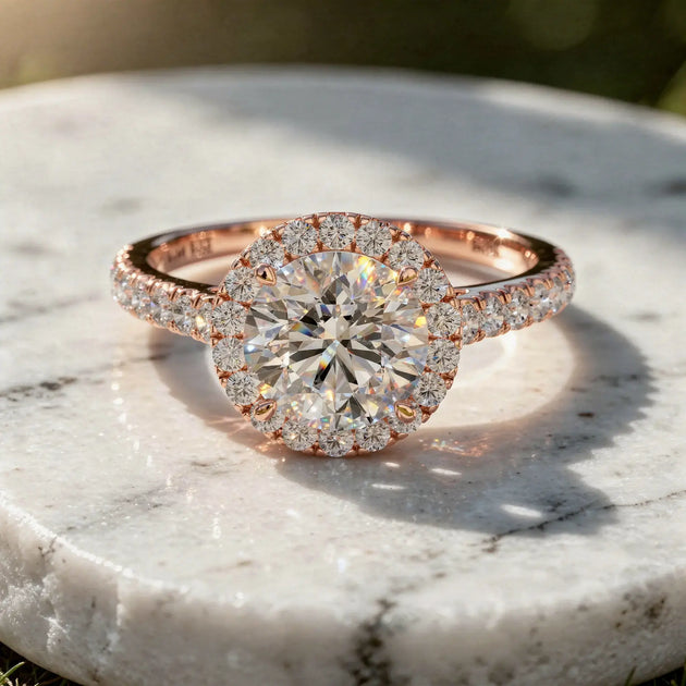 Front-view: Round Diamond Engagement Ring with Halo Setting in 14k Rose Gold - Lab Grown - Driona Jewels