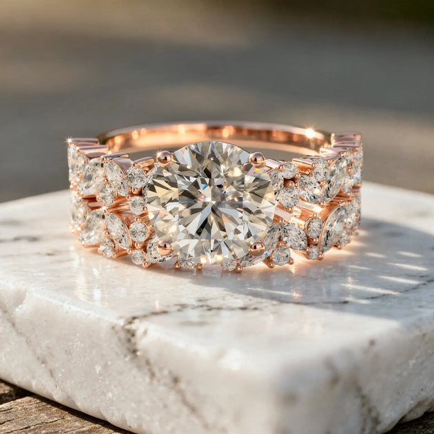 Front-view: Round Diamond Ring with Halo Setting in 14k Rose Gold - Lab Grown - Driona Jewels