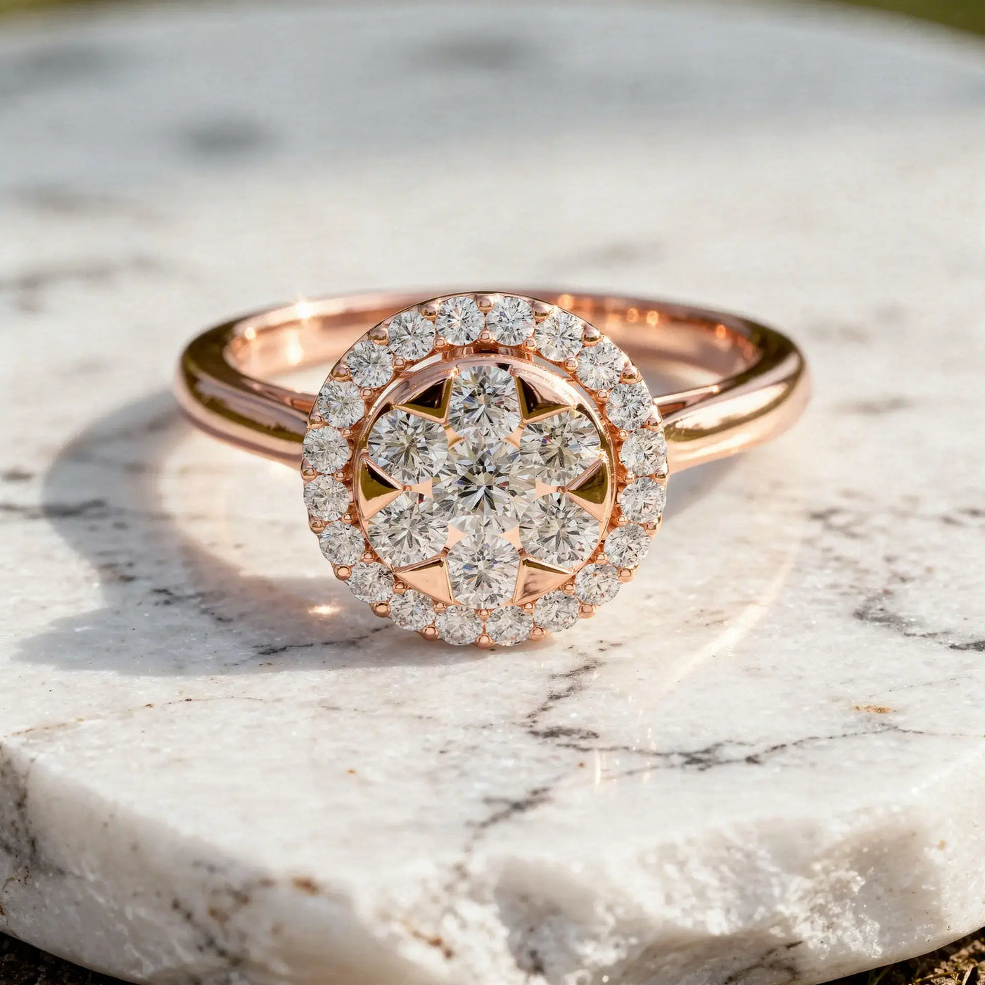 Front-view: Round Diamond Ring with Halo Setting in 14k Rose Gold - Lab Grown - Driona Jewels
