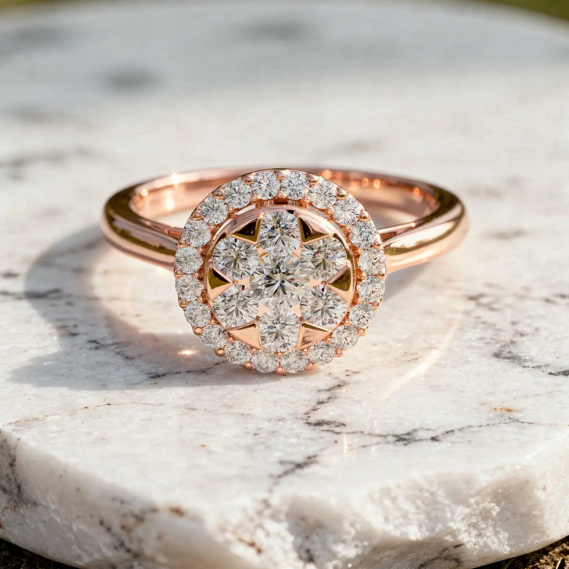 Front-view: Round Diamond Ring with Halo Setting in 14k Rose Gold - Lab Grown - Driona Jewels