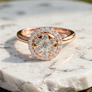 Front-view: Round Diamond Ring with Halo Setting in 14k Rose Gold - Lab Grown - Driona Jewels