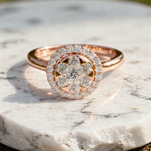 Front-view: Round Diamond Ring with Halo Setting in 14k Rose Gold - Lab Grown - Driona Jewels