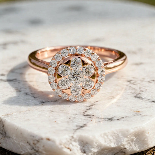 Front-view: Round Diamond Ring with Halo Setting in 14k Rose Gold - Lab Grown - Driona Jewels