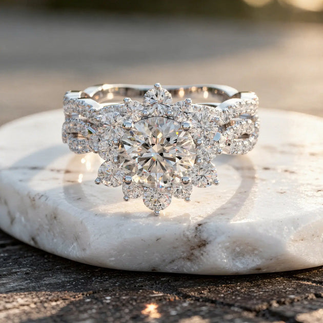 Close-up: Round Diamond Engagement Ring with Halo Setting in 14k White Gold - Lab Grown - Driona Jewels