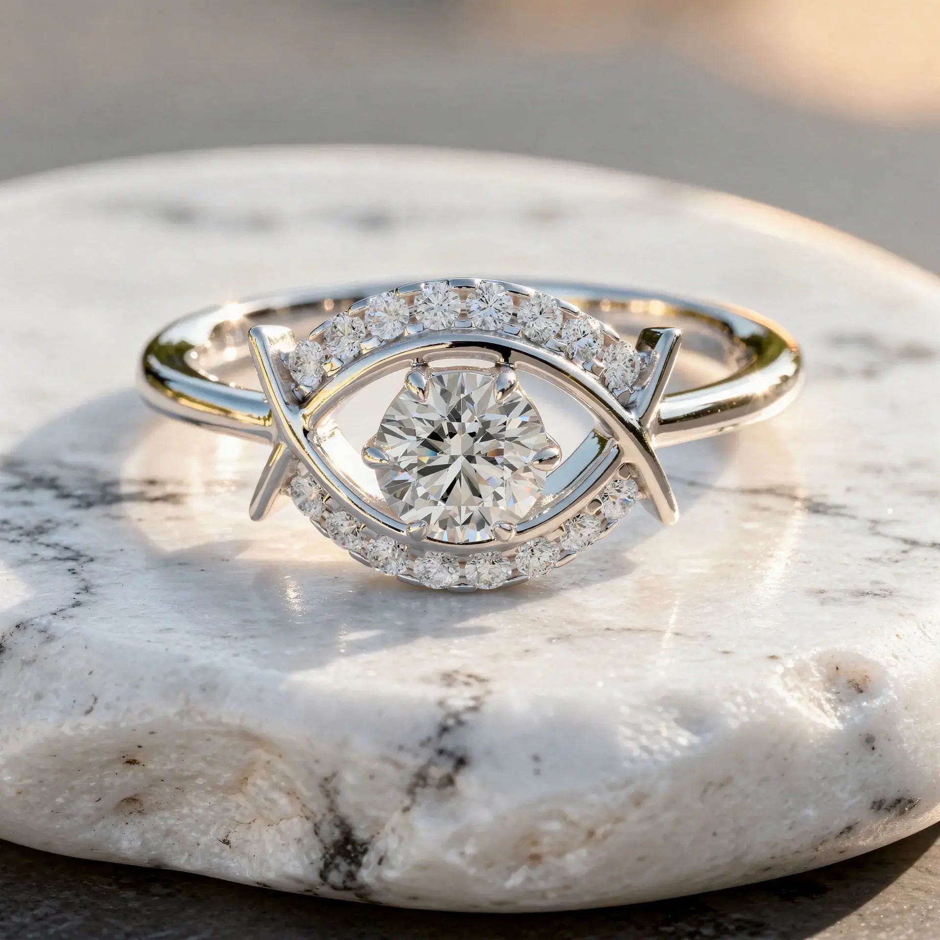 Close-up: Round Diamond Ring with Halo Setting in 14k White Gold - Lab Grown - Driona Jewels