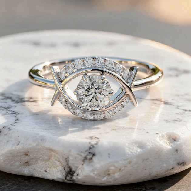Close-up: Round Diamond Ring with Halo Setting in 14k White Gold - Lab Grown - Driona Jewels