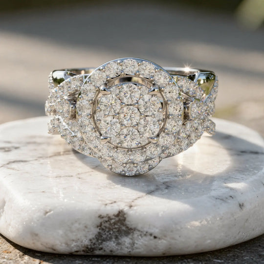Close-up: Round Diamond Ring with Halo Setting in 14k White Gold - Lab Grown - Driona Jewels