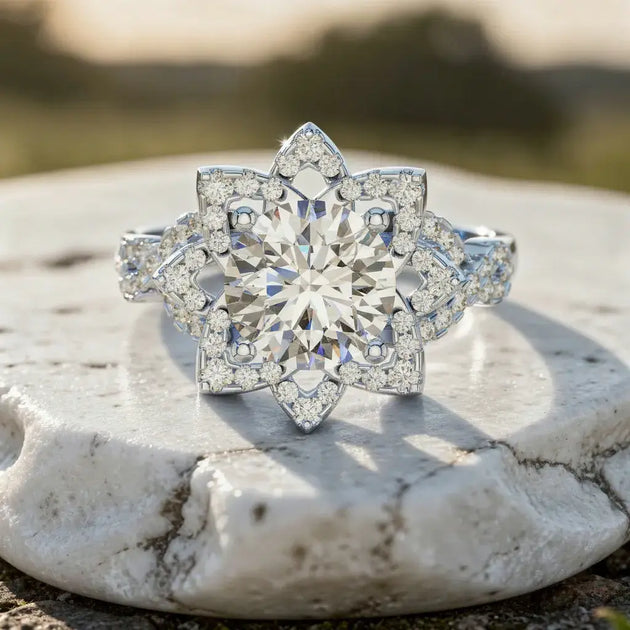Close-up: Round Diamond Ring with Halo Setting in 14k White Gold - Lab Grown - Driona Jewels