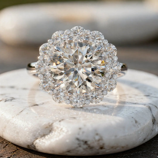 Close-up: Round Diamond Ring with Halo Setting in 14k White Gold - Lab Grown - Driona Jewels