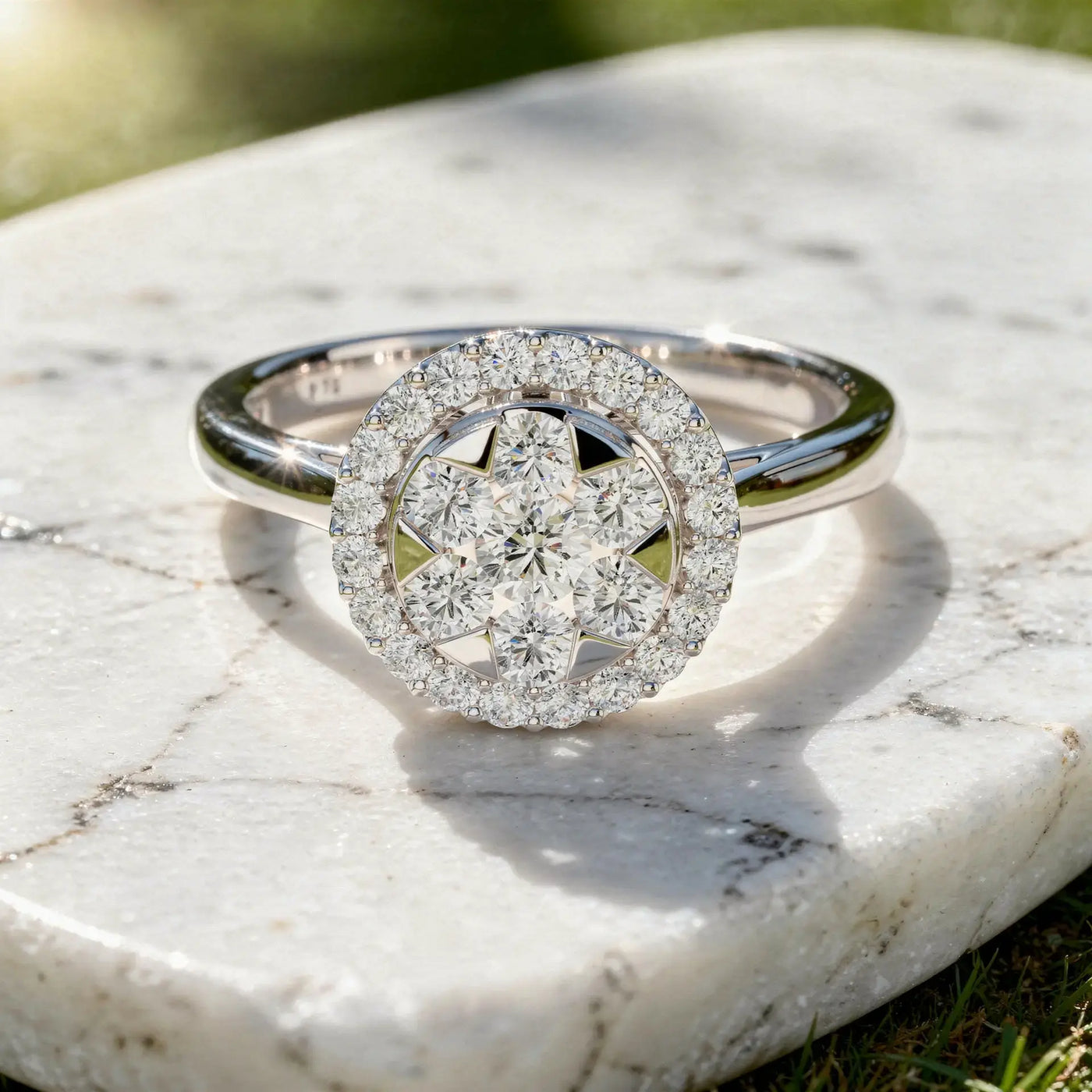Close-up: Round Diamond Ring with Halo Setting in 14k White Gold - Lab Grown - Driona Jewels