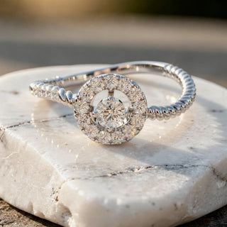 Close-up: Round Diamond Ring with Halo Setting in 14k White Gold - Lab Grown - Driona Jewels