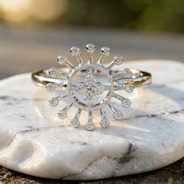 Front-view: Round Diamond Ring with Halo Setting in 14k White Gold - Lab Grown - Driona Jewels