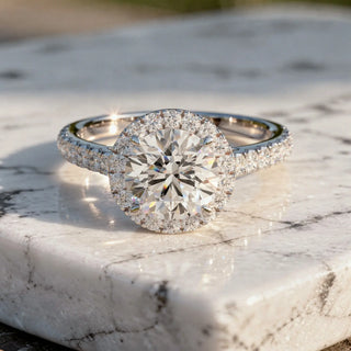 Front-view: Round Diamond Engagement Ring with Halo Setting in 14k White Gold - Lab Grown - Driona Jewels