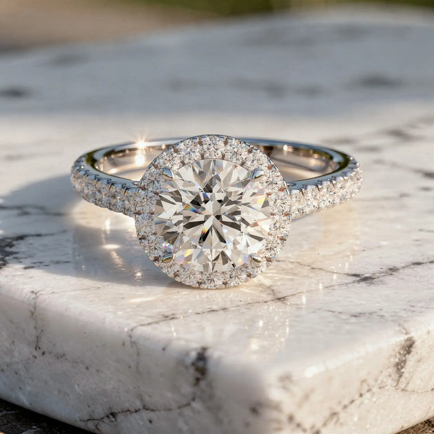 Front-view: Round Diamond Engagement Ring with Halo Setting in 14k White Gold - Lab Grown - Driona Jewels
