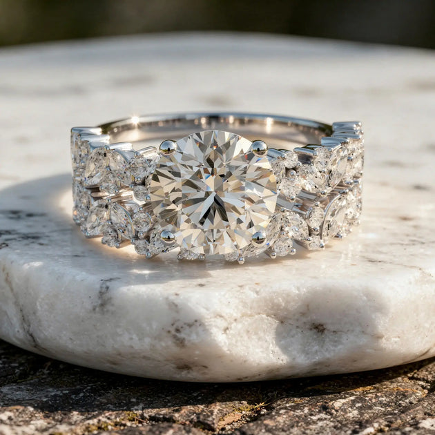 Front-view: Round Diamond Ring with Halo Setting in 14k White Gold - Lab Grown - Driona Jewels