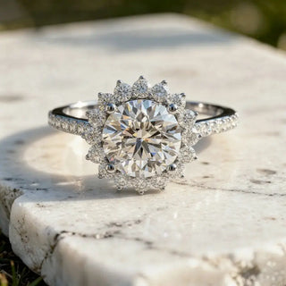 Front-view: Round Diamond Engagement Ring with Halo Setting in 14k White Gold - Lab Grown - Driona Jewels
