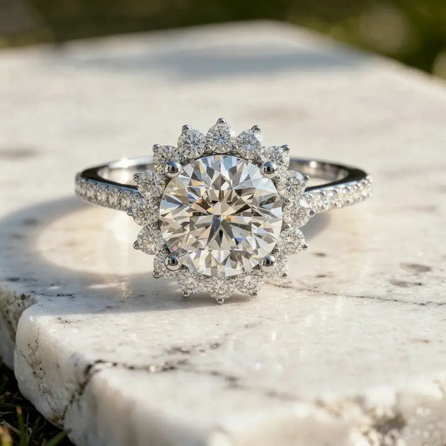 Front-view: Round Diamond Engagement Ring with Halo Setting in 14k White Gold - Lab Grown - Driona Jewels