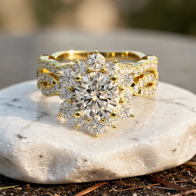 Close-up: Round Diamond Ring with Halo Setting in 14k Yellow Gold - Lab Grown - Driona Jewels
