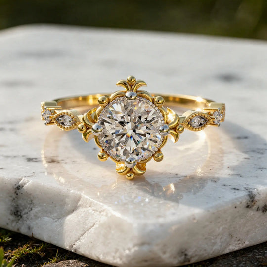 Close-up: Round Diamond Ring with Halo Setting in 14k Yellow Gold - Lab Grown - Driona Jewels
