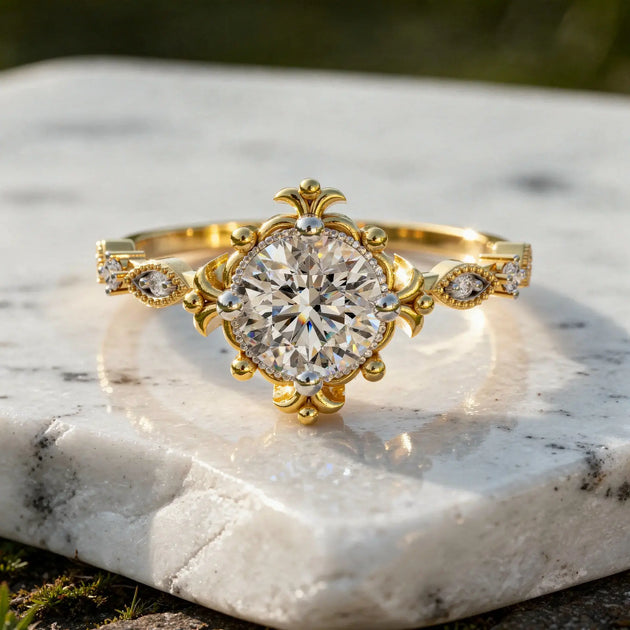 Close-up: Round Diamond Ring with Halo Setting in 14k Yellow Gold - Lab Grown - Driona Jewels
